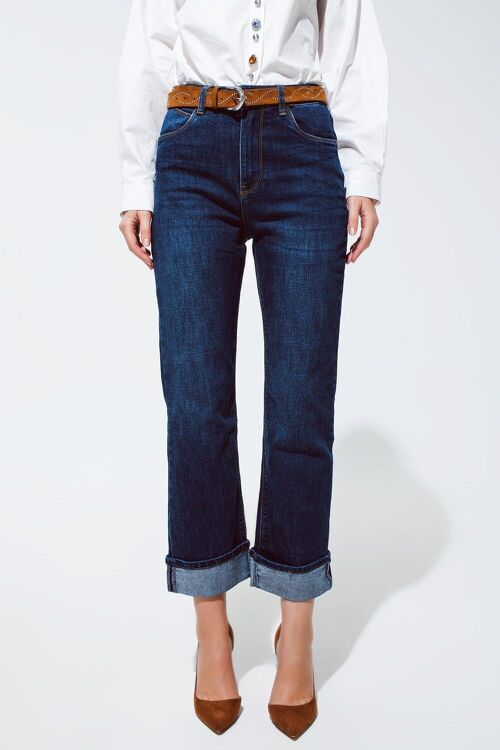 relaxed fit blue jeans with cuffed hem detail