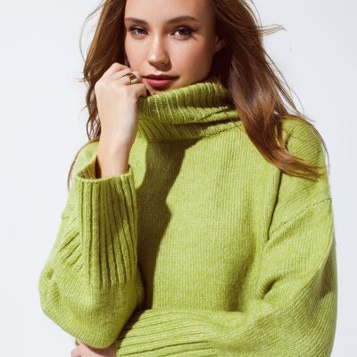 Cropped Chunky Knit Sweater With Turtle Neck in Green