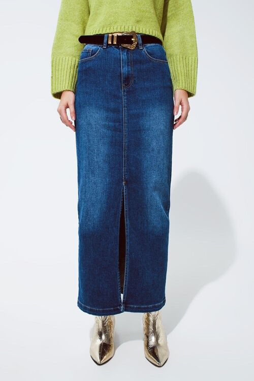 Stretch Denim Maxi Skirt With Slit At The Front In Mid Wash