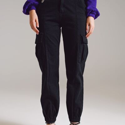 black cargo pants with elasticated waist and hem