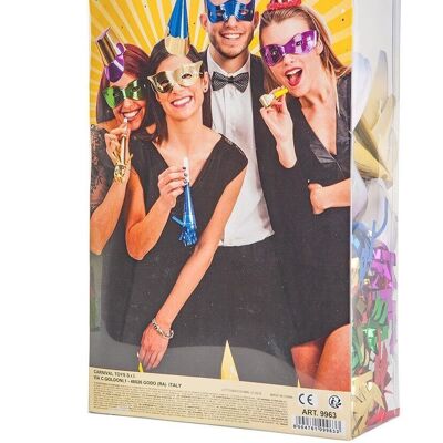 Articoli per feste - Party set capodanno (20 capp.,20 maschere,20 trombe met.) in scatola pvc