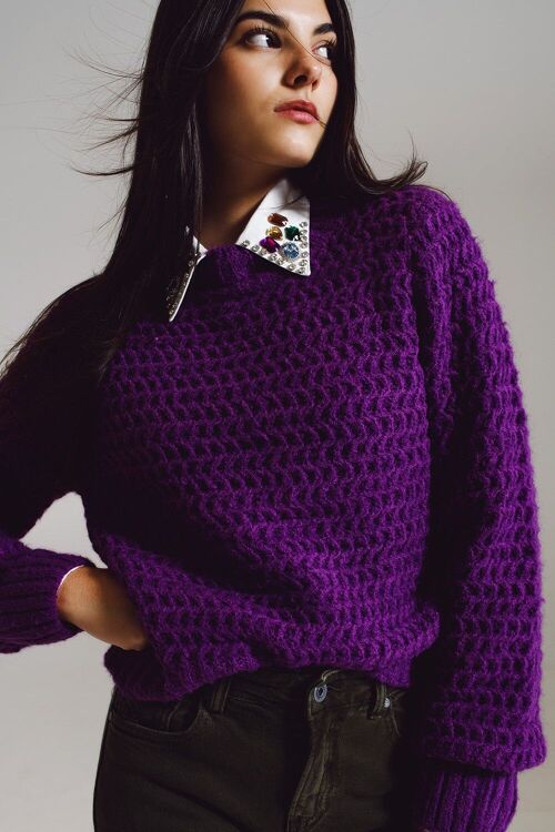 Waffle Knit Relaxed Sweater With High Neck in Purple