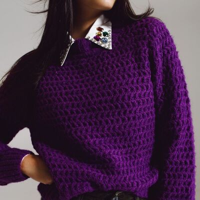 Waffle Knit Relaxed Sweater With High Neck in Purple