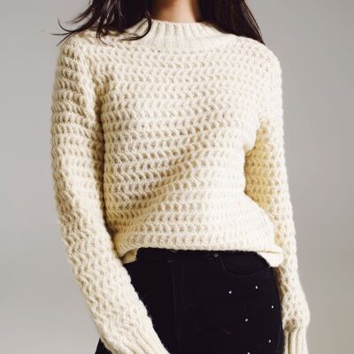 Waffle Knit Relaxed jumper With High Neck in Cream
