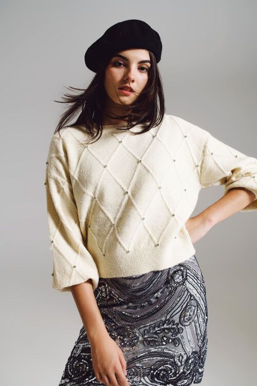 Sweater With Argyle Knit With Embellished Details in cream