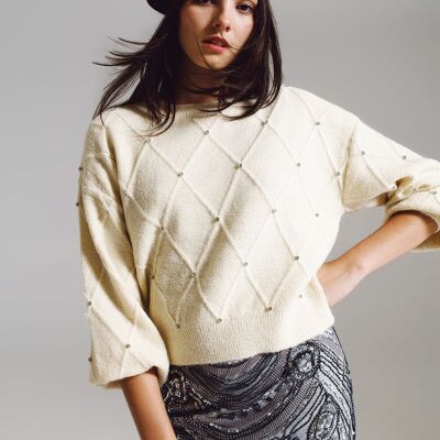 Sweater With Argyle Knit With Embellished Details in cream