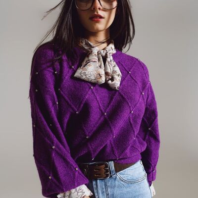 Sweater With Argyle Knit With Embellished Details in purple