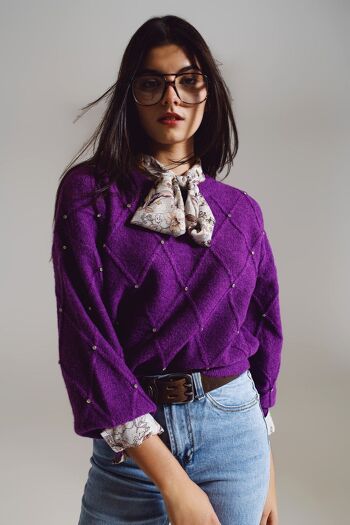 Pull en tricot à losanges avec détails embellis en violet 1