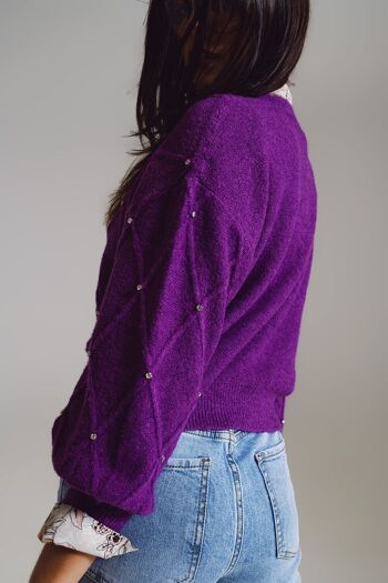 Pull en tricot à losanges avec détails embellis en violet 2