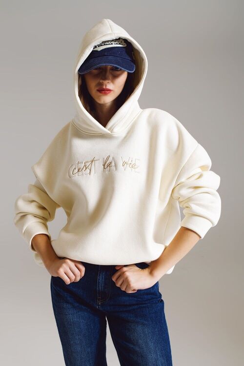 Cream hoodie with embroidered Cest La Vie text