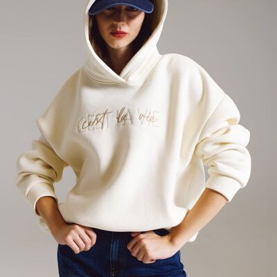 Cream hoodie with embroidered Cest La Vie text