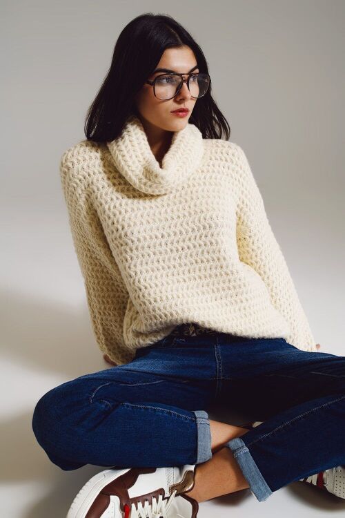 Waffle Knit Sweater With Turtle Neck in Cream