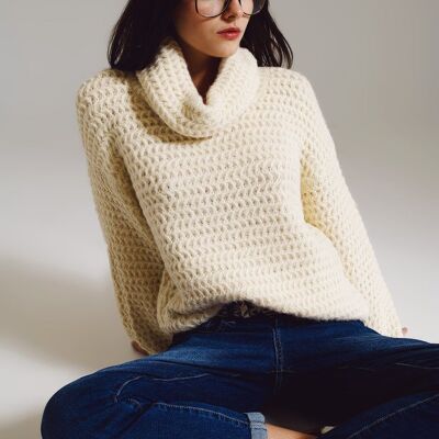 Waffle Knit Sweater With Turtle Neck in Cream