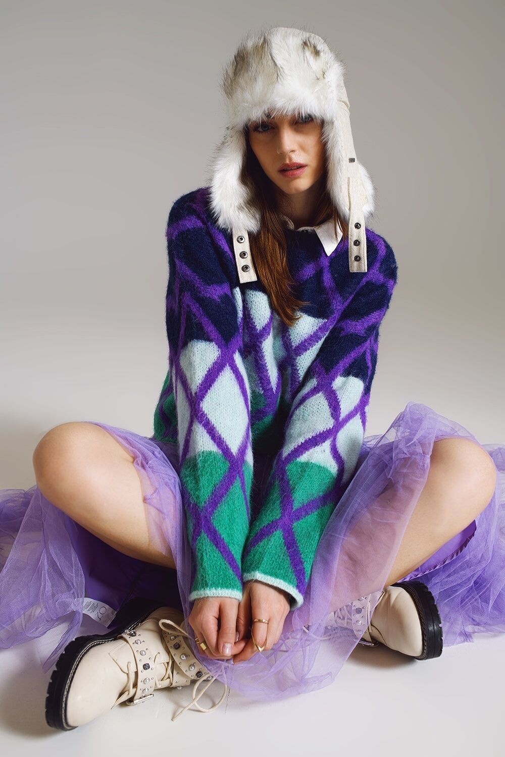 Maglione rilassato con motivo a rombi e strisce nei toni del blu