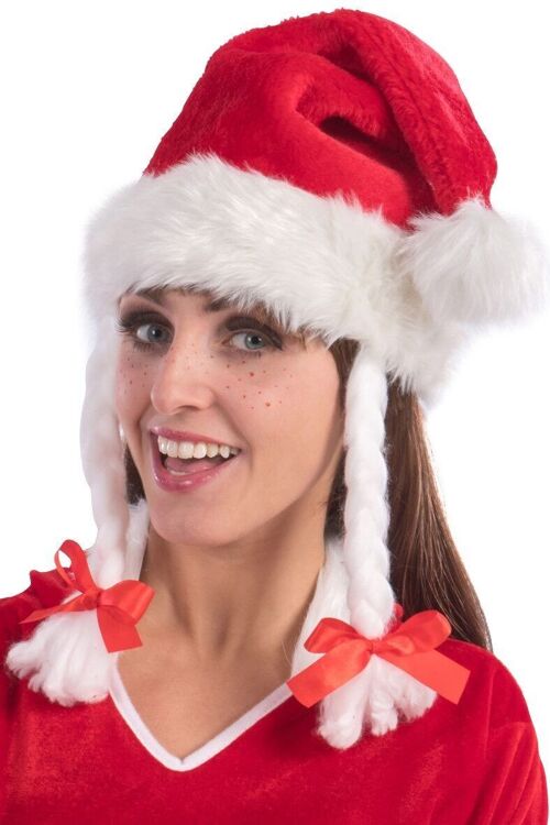 Articoli per feste - Cappuccio Babbo Natale in peluche con trecce con cavallotto