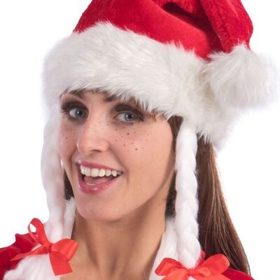 Articoli per feste - Cappuccio Babbo Natale in peluche con trecce con cavallotto