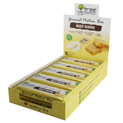 Schachtel mit 10 Einheiten köstlicher veganer Mango-Proteinriegel