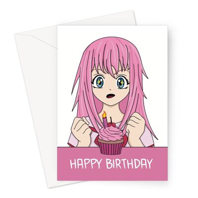Anime-Mädchen-Happy-Birthday-Karte – süßes rosa Manga-Mädchen