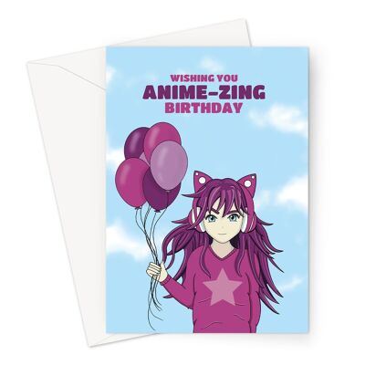 Tarjeta de cumpleaños para un fanático del anime | Chica manga sosteniendo globos