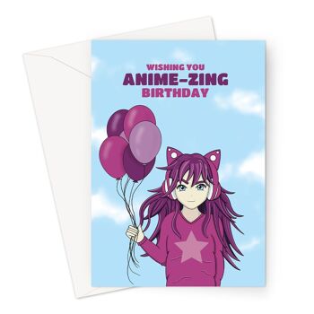 Carte d'anniversaire pour un fan d'anime | Fille Manga Tenant Des Ballons 1
