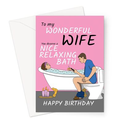 Tarjeta de cumpleaños para esposa | Broma divertida y relajante sobre el baño