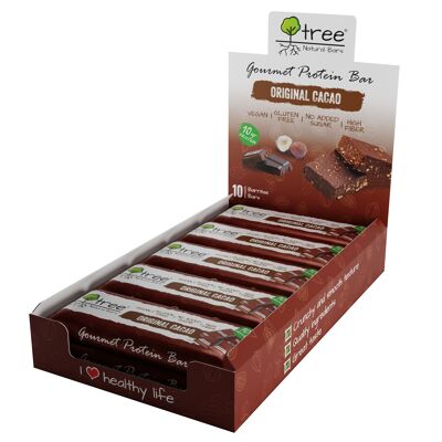 Schachtel mit 10 Einheiten veganer Original Cacao-Proteinriegel