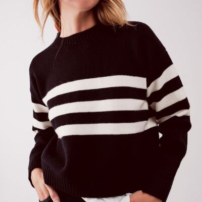 2 in 1 Striped sweater with shirt underlay in black