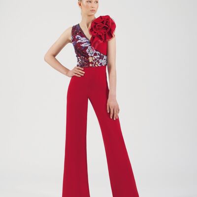 Burgundy Sequin Body Crepe Jumpsuit