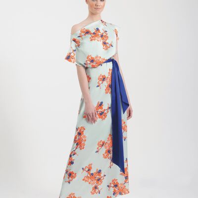 Mango Langes Kleid aus bedrucktem Satin mit überschnittenen Schultern