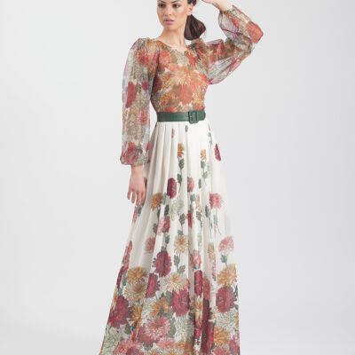 Tulle and Printed Chiffon Dress Without Ivory Belt