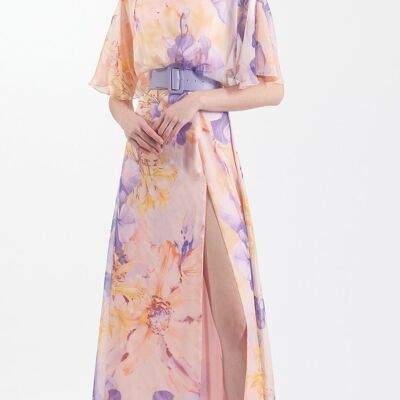 Bedrucktes Kleid aus malvenfarbenem Seidenchiffon