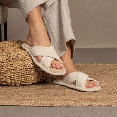 Pantoufles croisées en lin et mérinos pour femmes Naturel