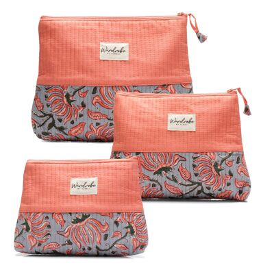 Quilted Utility Bag Set of 3, Eco-Friendly Handmade Cosmetic Bag, Travel Toiletry Organizer, Floral Print Pouch, Zipper Toiletry Bag.