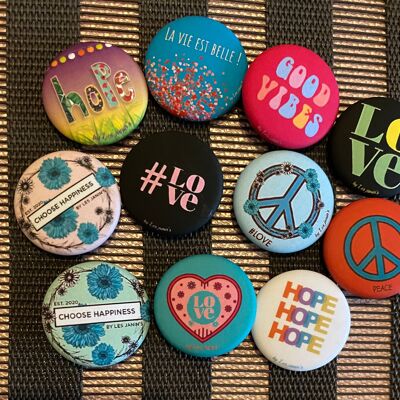 Set of 11 small 25mm pin badges, Good vibes, Peace, love, choose Happiness