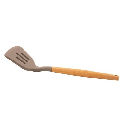 Silicone slotted spatula with taupe bamboo handle