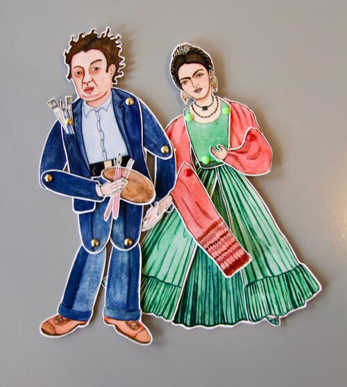 Couple de deux marionnettes, Frida verte et Diego bleu