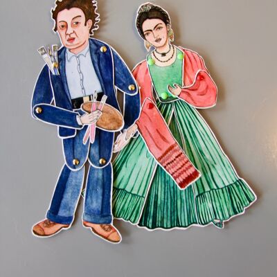 Couple de deux marionnettes, Frida verte et Diego bleu