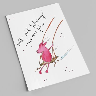 New Year's card | With a lot of momentum into the new year | Watercolor postcard for New Year's Eve | Lucky pig and saying