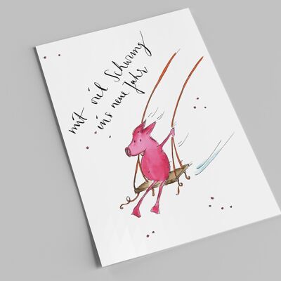 Neujahreskarte | Mit viel Schwung ins neue Jahr | Aquarell Postkarte zu Silvester | Glücksschwein und Spruch
