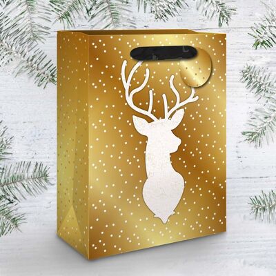 Large Reindeer gift bag - gold and white