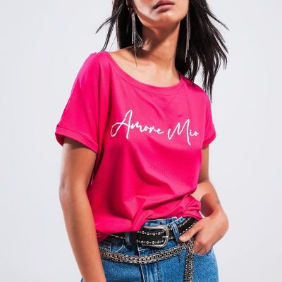 T-Shirt mit Amore Mio-Slogan in Fuchsia