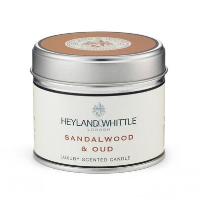 Bougie classique au bois de santal et au oud dans une boîte métallique 180 g