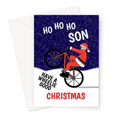 Tarjeta de Navidad de Papá Noel en bicicleta para hijo | Tarjeta de feliz Navidad