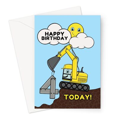 Tarjeta de cumpleaños del excavador 4 años | 4to cumpleaños | Para niño o niña