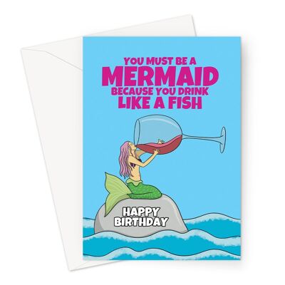 Lustige Geburtstagskarte für eine Frau | Trinkende Meerjungfrau | Wein