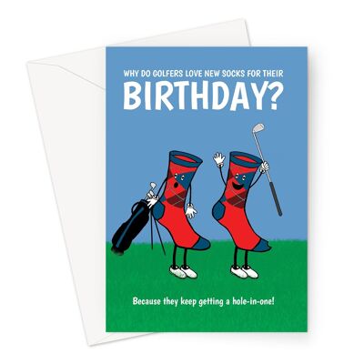 Tarjeta de cumpleaños de broma de golf | Juego de palabras con calcetines "agujero en uno"