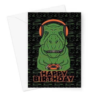 Tarjeta de cumpleaños de videojuegos | Divertido jugador de dinosaurios T-Rex