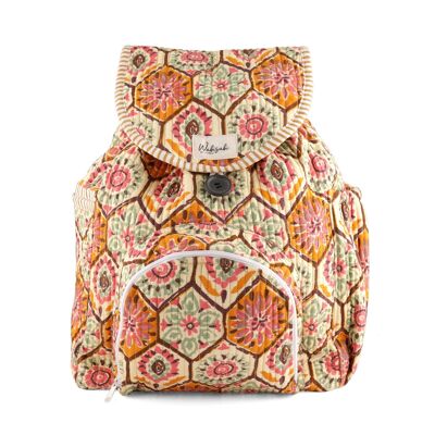 Golden floral paisley printed cotton quilted backpack