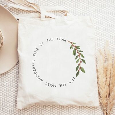Cloth bag Christmas wreath "Most wonderful time" - jute bag winter time