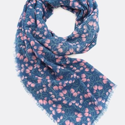 Wool scarf Mystic Blossom – dark blue / pink